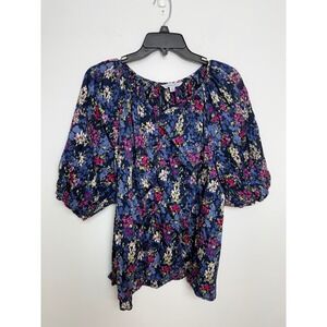 Ophelia Roe Womens 2X Floral Puff Sleeve Cotton Blouse Navy Pink Button Front